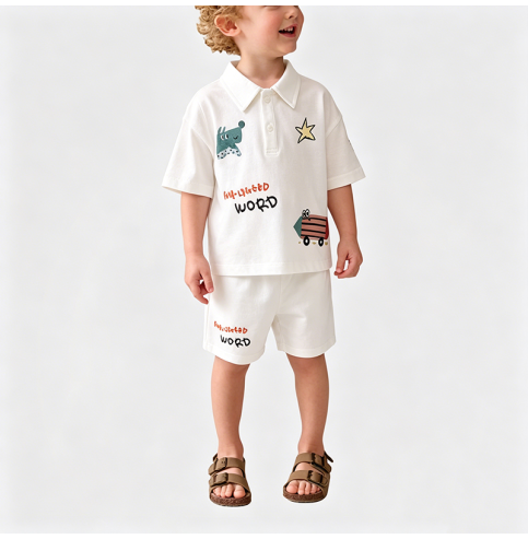 Off-white Short-Sleeve and Shorts Two-Piece Set