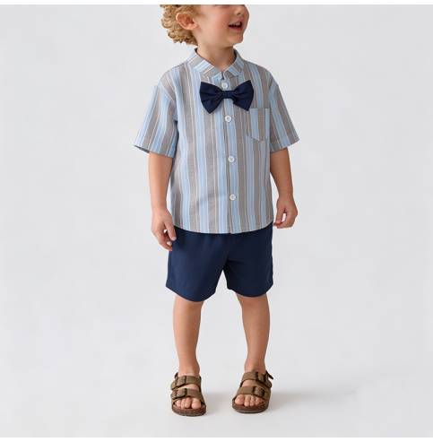 Navy Blue Shirt and Shorts Two-Piece Set
