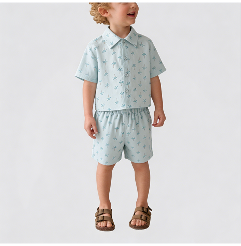 Coconut Tree Print Short-Sleeve Shirt Two-Piece Set