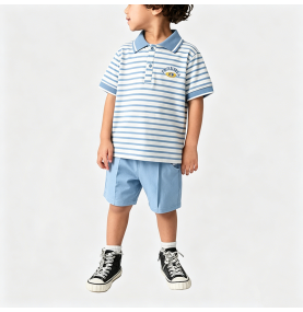 Striped Short-Sleeve Polo Shirt Set for Boys