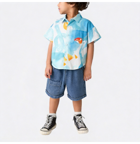 Blue Ink Painting Style Shirt and Shorts Two-Piece Set