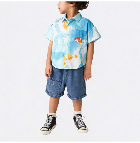 Blue Ink Painting Style Shirt and Shorts Two-Piece Set