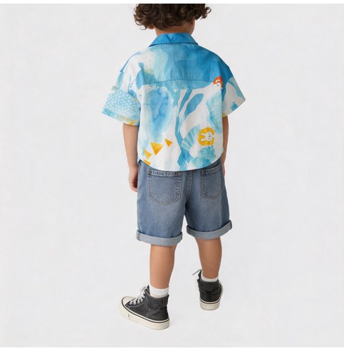 Blue Ink Painting Style Shirt and Shorts Two-Piece Set Blue Ink Painting Style Shirt and Shorts Two-Piece Set