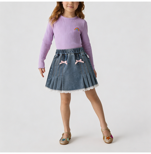 Girls' Pleated Denim Mini Skirt