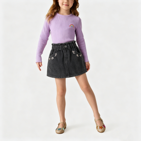 Girls' Floral Embroidered Denim Mini Skirt
