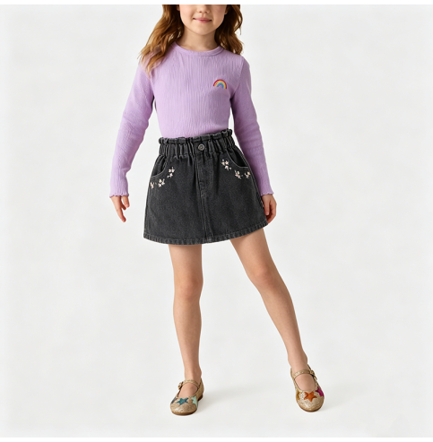 Girls' Floral Embroidered Denim Mini Skirt