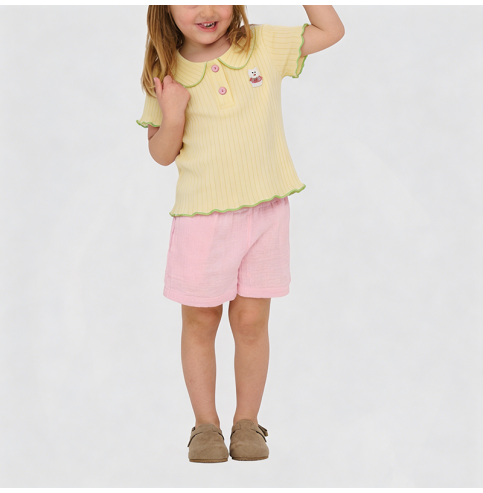 Girls' Light Yellow Knitted Short-Sleeve T-Shirt