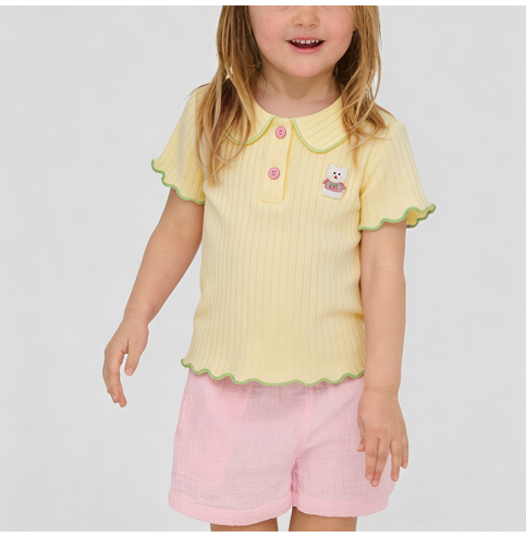 Girls' Light Yellow Knitted Short-Sleeve T-Shirt Girls' Light Yellow Knitted Short-Sleeve T-Shirt
