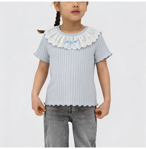 Lace-trimmed Collar Short-Sleeve T-Shirt for Girls Lace-trimmed Collar Short-Sleeve T-Shirt for Girls