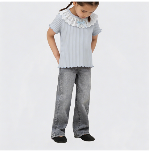 Lace-trimmed Collar Short-Sleeve T-Shirt for Girls Lace-trimmed Collar Short-Sleeve T-Shirt for Girls