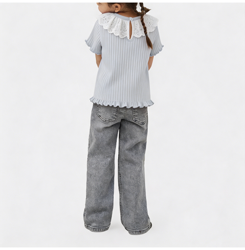 Lace-trimmed Collar Short-Sleeve T-Shirt for Girls Lace-trimmed Collar Short-Sleeve T-Shirt for Girls