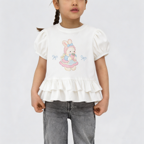 White Puff Sleeve Short-Sleeve T-Shirt for Girls