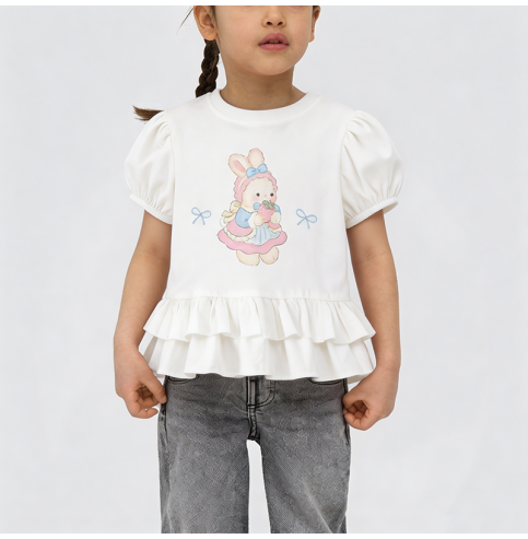 White Puff Sleeve Short-Sleeve T-Shirt for Girls