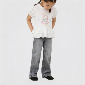 White Puff Sleeve Short-Sleeve T-Shirt for Girls